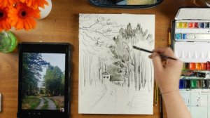 Рисуем пейзаж акварельным карандашом.