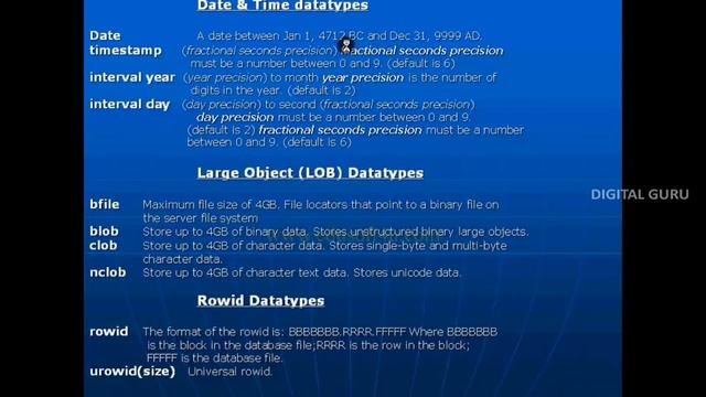 Oracle Tutorial    Data Types in Oracle Session 04 Telugu    Digital Guru