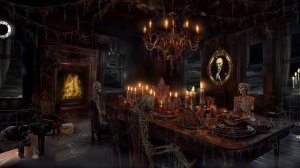 HAUNTED MANSION ASMR-DEAD DINNER PARTY- HALLOWEEN AMBIENCE-RAIN & FIREPLACE SOUNDS-AGEING PORTRAIT