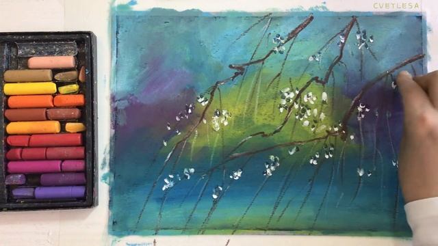 ?Не спеша рисую цветущие ветви масляной пастелью?Использую разбавитель✨Oil pastels mungyo gallery смотреть онлайн