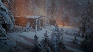 Завывающий зимний ветер и снежная буря за пределами бревенчатого домика в лесу для мирного сна