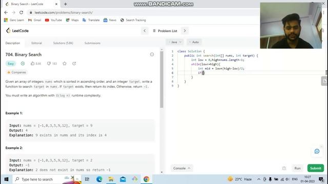 Binary Search in Java | Leetcode | Question number 704 | Daily Challenge