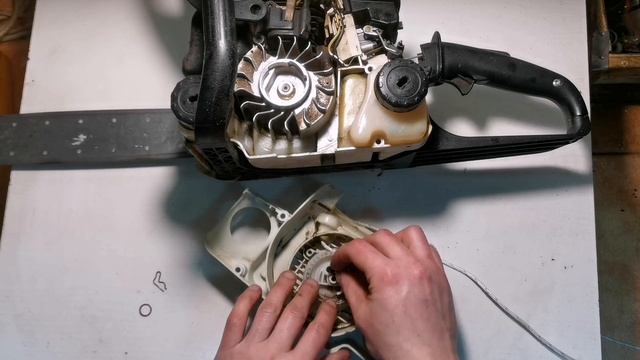 Замена шнура(верёвки) стартера бензопилы STIHL ms 170/180 смотреть онлайн