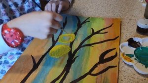 Рисуем птичек на ветке красками. Простой рисунок для ребёнка.