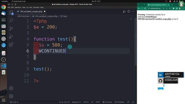 Belajar PHP#33 : Memahami  Function Variable Scope @codelearnid