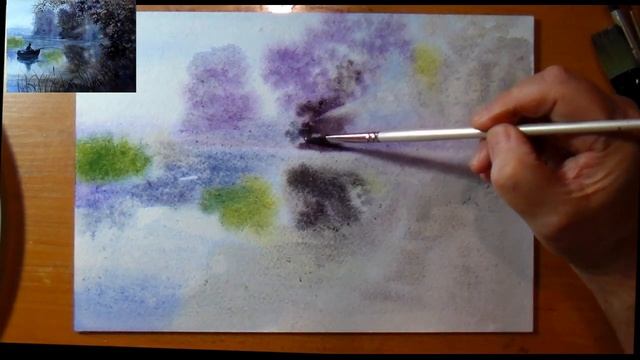 Как рисовать акварелью. Акварель по мокрому. Озеро с лодкой.