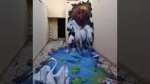 3D рисунок на стене и на полу.