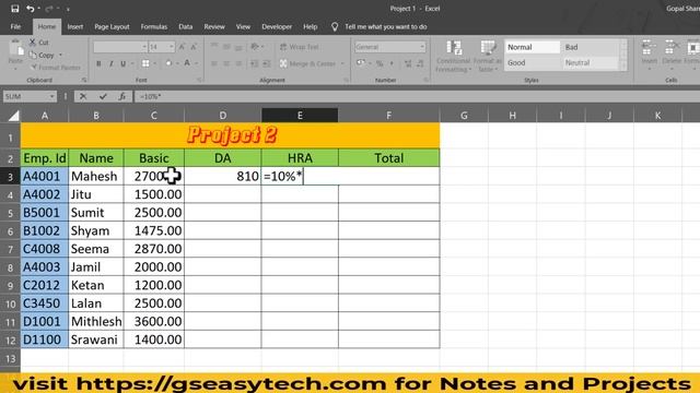 Excel 2019 Class 9 How to solve Project 2 | How to Calculate DA HRA Basic and Total Salary