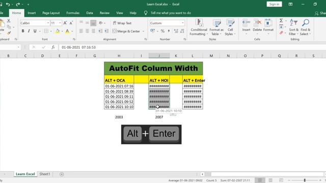 How to Auto Fit ALT OCA, Excel Shortcut, Alt+OCA, Alt+HOI Learn Excel