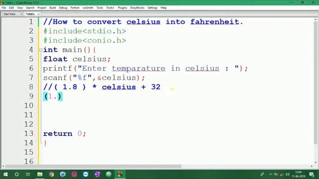 12. Simple C Program to Convert Celsius to Fahrenheit