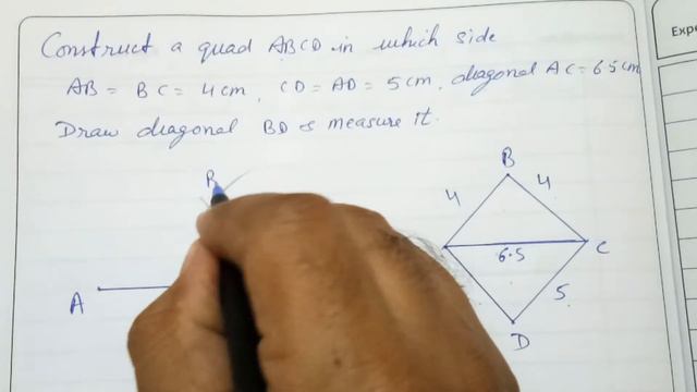 Construct a quad ABCD in which side AB=BC= 4cm, CD=AD = 5cm,diagonal AC = 6 5cm,draw diagonal BD, смотреть онлайн