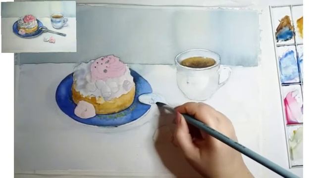 Натюрморт с пончиком и зефирками акварелью. смотреть онлайн