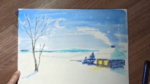 Зимний пейзаж. Рисуем масляной пастелью и акварельными красками.