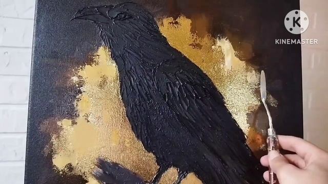 урок рисования по текстурной живописи, интерьерная объёмная картина своими руками, ворон мастихином