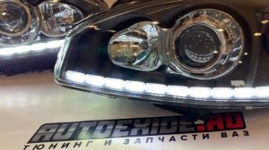 Передние тюнинг фары Лада Калина 1 Линза+Lexus повторитель+ДХО черные Магазин Autoexide.ru