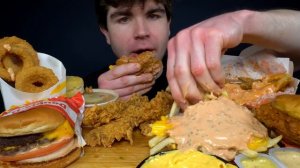 ASMR MUKBANG ANIMAL STYLE IN-N-OUT BURGERS, POPEYES CHICKEN & FRIES | WITH CHEESE & ONION RINGS