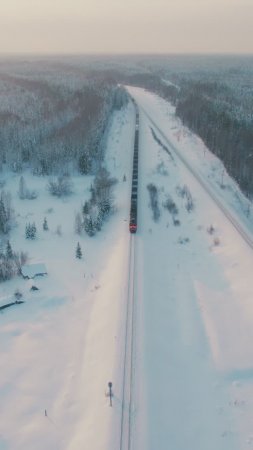 Поезд с высоты птичьего полёта.Видеосъёмка на дрон. Республика Коми.