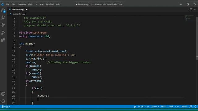Given three numbers A,B, and C, write their values in descending order | C++ смотреть онлайн