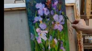 Ирисы маслом на холсте. Художник Мусурманкулов пишет картину за час