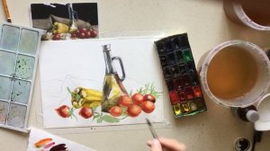 натюрморт со стеклянной бутылкой акварелью