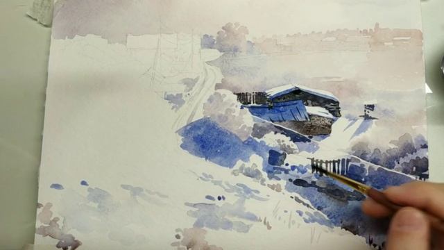 Рисуем иней акварелью.