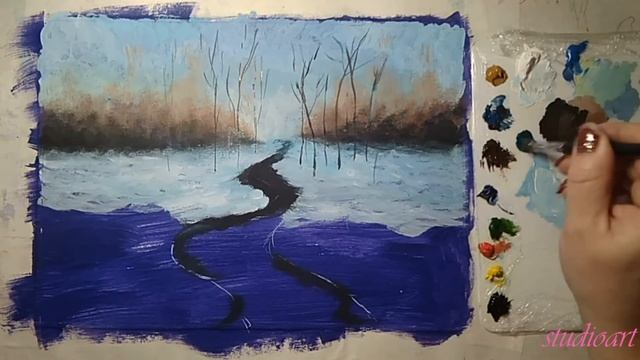 Волшебный ,зимний пейзаж. Рисование пейзажа "Зима". смотреть онлайн