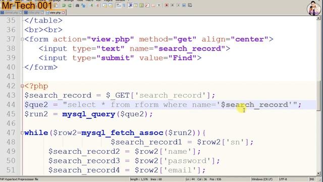 Search Query by any feild | fetch data | Mysql Database | DBMS | PHP Programming | Mr tech 001