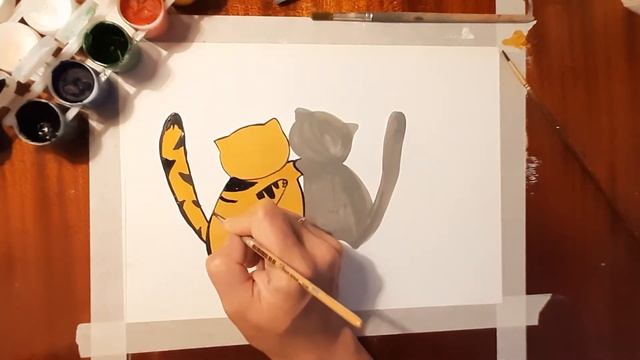 Как нарисовать семью мультяшных котиков красками гуашь. Мастер класс для детей.