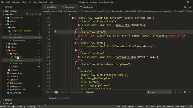 #22  html template convert  into vue app  part-3 | About Page Setup