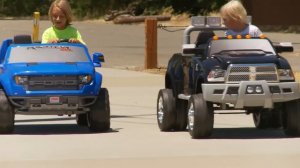 Power Wheels Truck Race - Kid Trax Dodge Ram vs Ford-150 Raptor