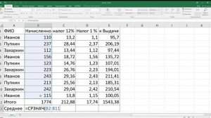 Таблица Excel 2016 формула Среднего значения
