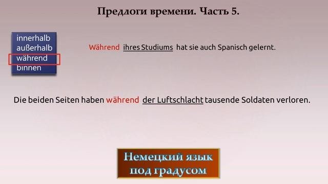 Предлоги времени. Часть 5. Предлоги Binnen, Außerhalb, Innerhalb, Während. Genitiv или Dativ?