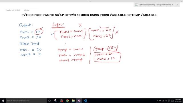 python program to swap two numbers using temp or third Variable