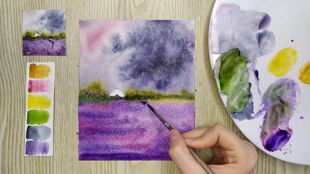 Как нарисовать лавандовое поле акварелью. Акварель для начинающих