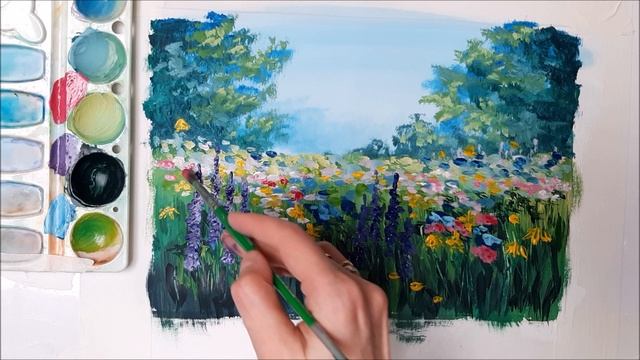 КАК НАРИСОВАТЬ ЛЕТНИЙ ЛУГ, ЦВЕТОЧНУЮ ПОЛЯНУ. РИСУЕМ ЦВЕТОЧНУЮ ПОЛЯНУ ГУАШЬЮ. ПОЭТАПНОЕ РИСОВАНИЕ. смотреть онлайн