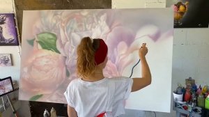 Аэрография. Картина на холсте. Цветы пионы "Нежность"