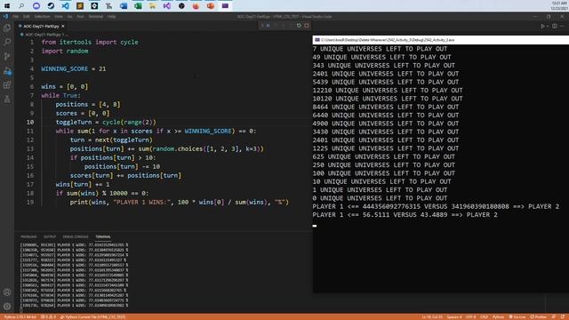 Python Explanation Correction for 2021 Advent of Code - Day 21 - Part 2 - Dirac Dice