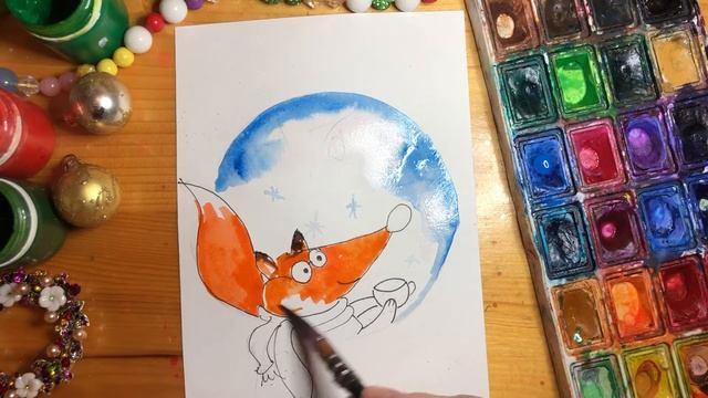 Новогодняя открытка. Лиса под ёлочкой. Рисовать легко. Рисование для детей. смотреть онлайн
