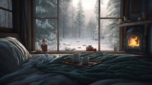Насладитесь уютным зимним утром в домике - горячим кофе, потрескивающим камином и безмятежным снегом