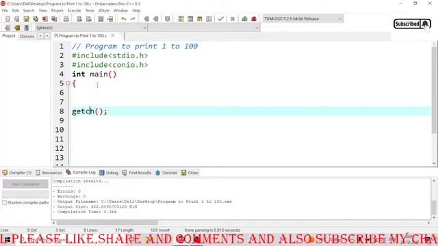 32. C Program to Print  1 to 100 (For Loop)