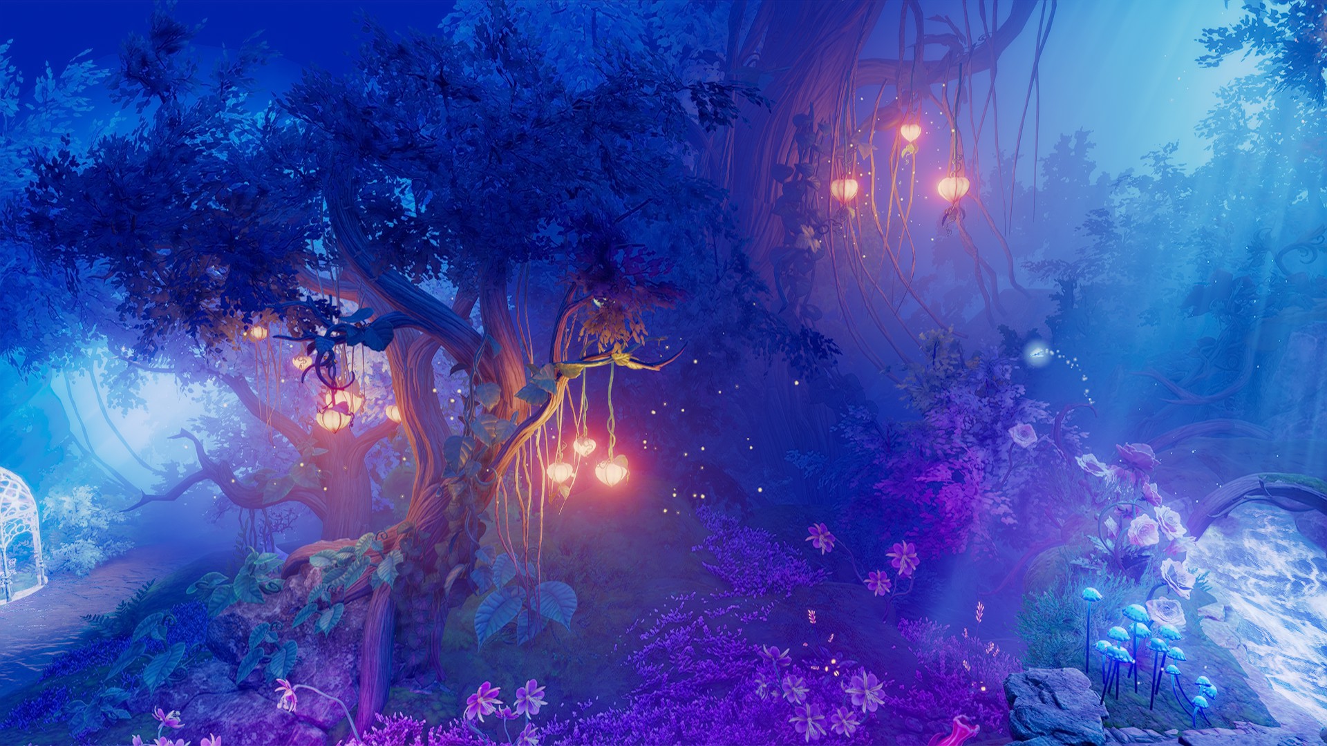 Light world. Домики деревья синий цвет фэнтези. Trine обои. Зимний пейзаж с избушкой из Видеоигры Trine 4. Trine Enchanted Edition Wallpaper 1920 x 1080.