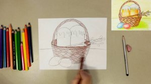 Как нарисовать рисунок на Пасху "Пасхальный натюрморт, корзинка с куличами" урок ИЗО