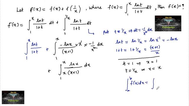 Let F(x)=f(x)+f(1/x), where f(x)=integral 1 to x lnt/1+t dt, then F(e)=?definite integration jee ce смотреть онлайн