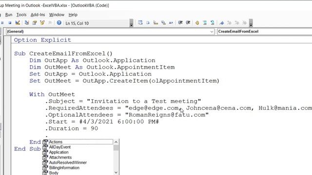 Set up Outlook Meeting from Excel VBA