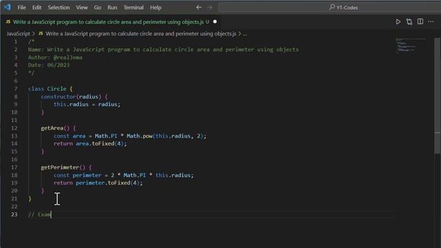 Write a JavaScript program to calculate circle area and perimeter using objects