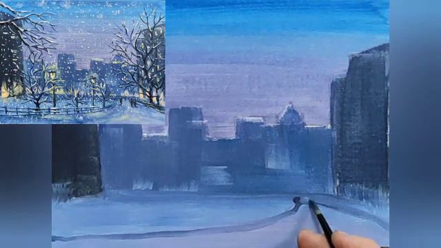 Картина маслом за час. Зимний вечер в городе.