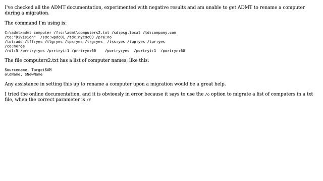 How do I migrate, and rename a computer using ADMT command line?