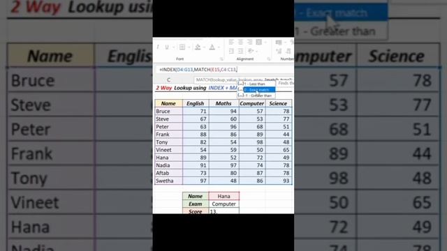 2 way look up function using index match formula#exceltricks #exceltips