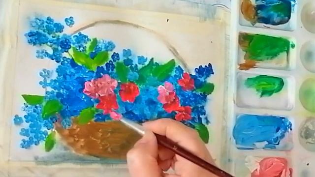 Рисую цветы в корзинке ватными палочками Гуашь Живопись для начинающих Рисуем с Любовью