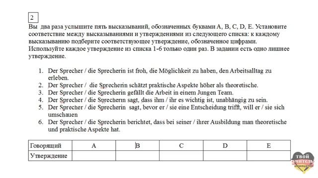 ОГЭ 2017 аудирование, 5 высказываний/ вариант 1, задание 2. Немецкий язык. смотреть онлайн